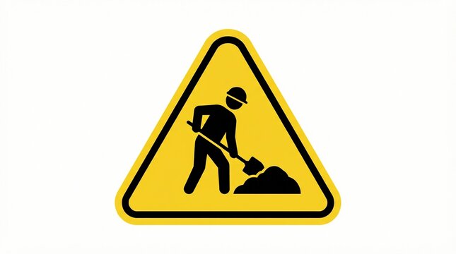 Yellow triangular road sign featuring a black silhouette icon of a construction worker digging with a shovel on a plain white background for safety communication