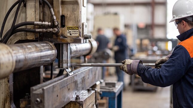 Worker using a metal press machine to shape a steel component in a factory workshop with protective gloves operates operates heavy industrial worker wearing hard bend metal part