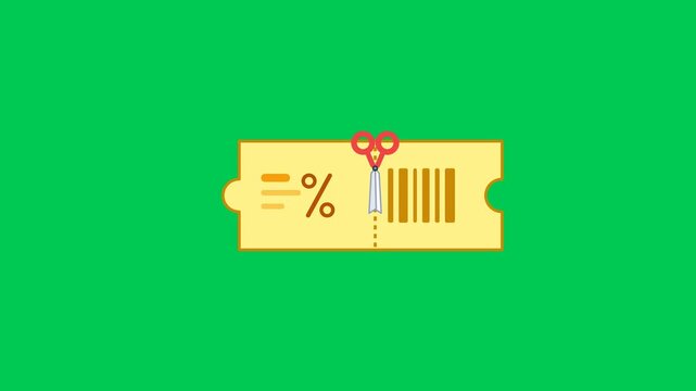 Motion graphics video clip of scissors cutting a discount voucher on a green screen background.