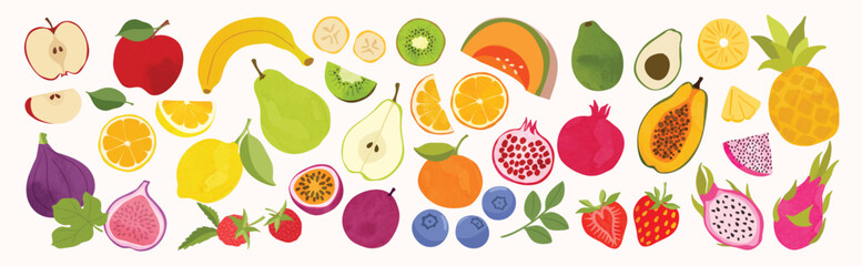 Fototapeta na wymiar Fruit illustration collection. Vector colorful apples, bananas, citrus, pear, avocado, papaya, pineapple, berries and tropical fruits with leaves for food design and packaging.