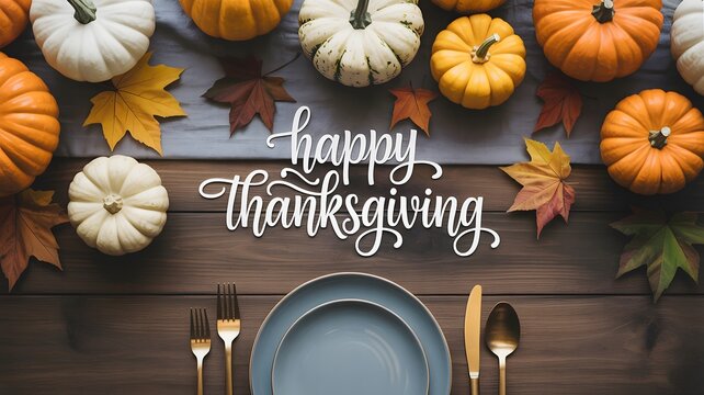 Festive thanksgiving table setting with pumpkins and autumn leaves overhead view
