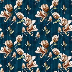 Seamless floral pattern featuring warm ivory and brown magnolia blossoms with buds on a rich dark teal background with subtle vertical stripes. © KARMA_BELIEVER
