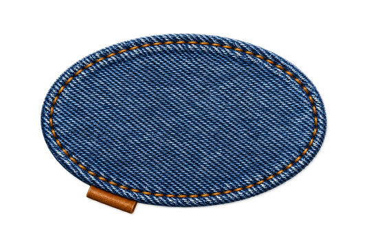Oval Blue Denim Fabric Patch with Brown Leather Tab and Contrast Stitching