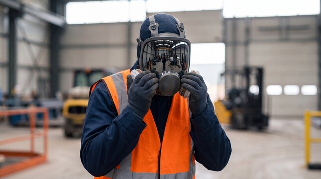Worker wearing a full face respirator mask and safety vest standing in a large warehouse with inside industrial warehouse visibility vest adjusts while working inside high visibility