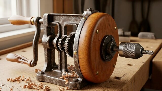 Antique hand crank drill on a wooden workbench tool