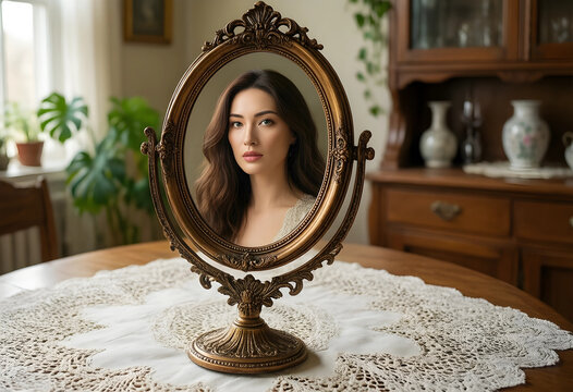 Self reflection and identity, woman looking at her own image in a vintage ornate mirror on a dining table in a cozy home interior for wellness themes