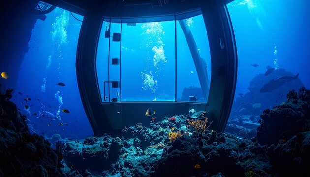 Submerged architectural glass pod structure looking out into the deep blue ocean with underwater structure