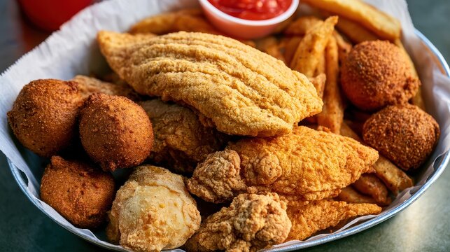 Southern fried catfish and chicken combo, hushpuppies, casual diner basket, overhead view