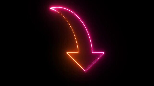 Neon glowing curved arrow pointing down with red and orange gradient light