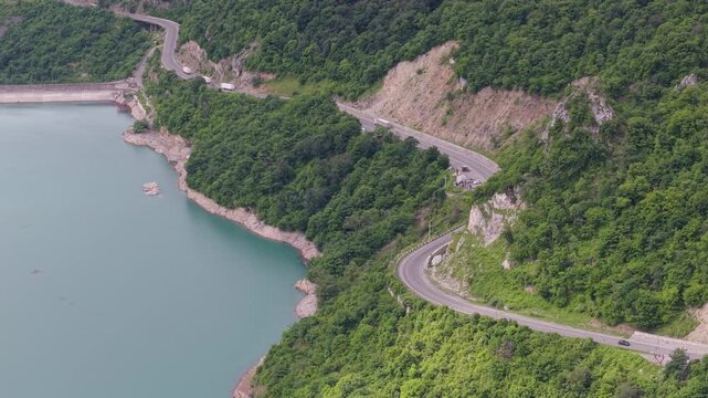 Aerial view of Georgian Military Road along Zhinvali Reservoir, Georgia.