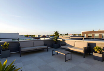 Fototapeta premium Urban lifestyle and real estate development, modern rooftop terrace with outdoor furniture and lounge area for relaxation in a residential apartment complex