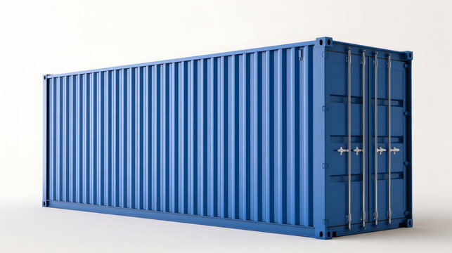 Blue shipping container isolated on white background. Modern cargo container for logistics, transportation, storage, and freight services. Industrial object.