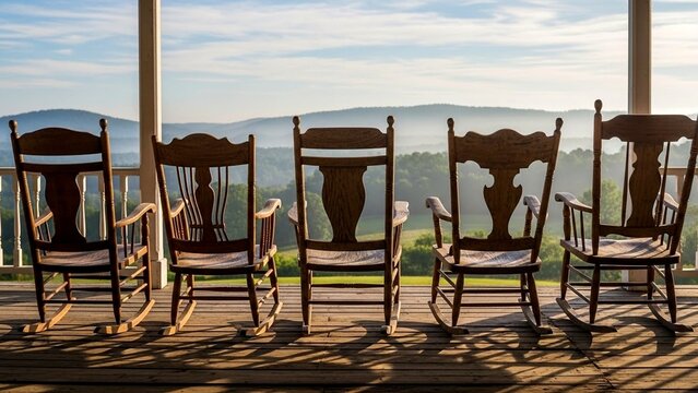 Five wooden rocking chairs on a porch with a view furniture