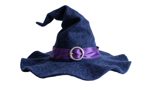 Dark blue felt witch hat with purple satin ribbon and silver buckle, isolated on transparent background