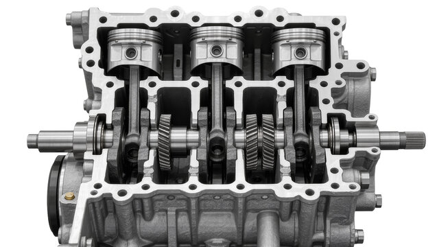 Detailed cross-section of a four-cylinder engine block with pistons crankshaft and gears, isolated on transparent background