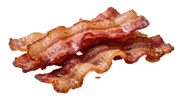 Crispy fried bacon strips with glistening fat, isolated on transparent background