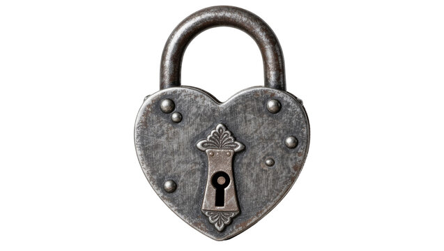 Antique heart-shaped padlock with ornate keyhole, isolated on transparent background