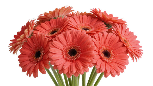 Coral gerbera daisies bouquet with dark centers, isolated on transparent background
