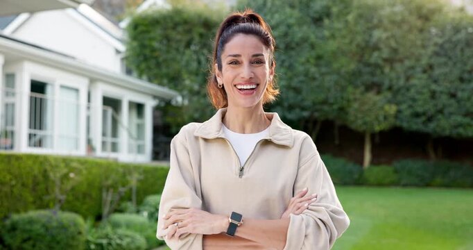 Arms crossed, fitness and laugh with woman in neighborhood for commitment or dedication to cardio. Exercise, face and happy with mature runner outdoor in residential community for health workout