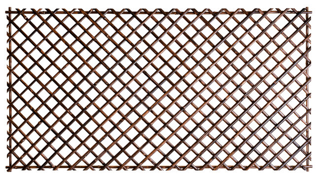 Isolated dark brown wooden garden trellis with diagonal lattice pattern for climbing plants