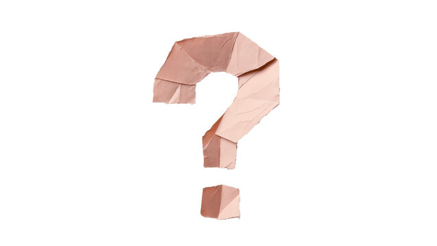 Origami question mark symbol made from crumpled brown paper, isolated on transparent background