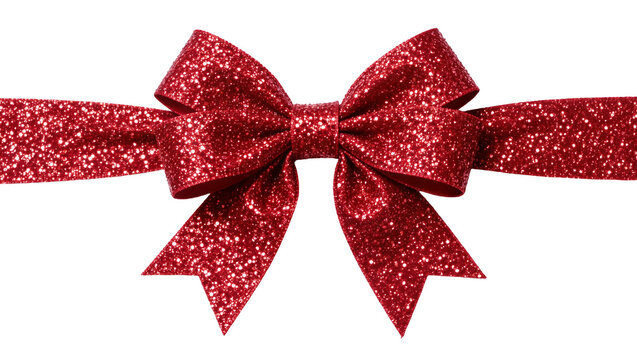 Sparkling red glitter ribbon bow, isolated on transparent background