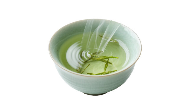Light green tea leaves steeping in clear liquid in a pale blue ceramic bowl, isolated on transparent background