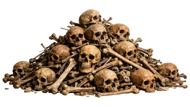 Pile of human skulls and bones, isolated on transparent background