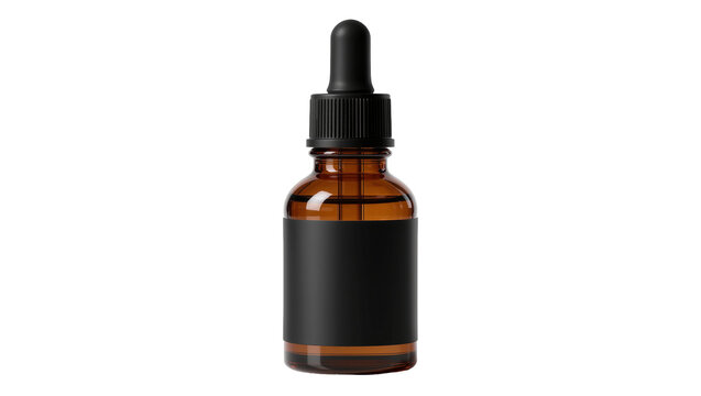 Amber glass dropper bottle with black cap and label, isolated on transparent background