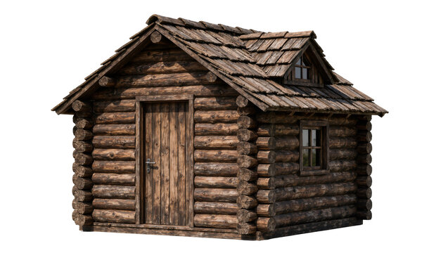 Rustic log cabin with wooden door and shingled roof, isolated on transparent background