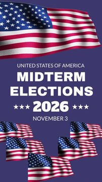 Vertical video usa 2026 midterm elections concept with waving american flag animated background loop