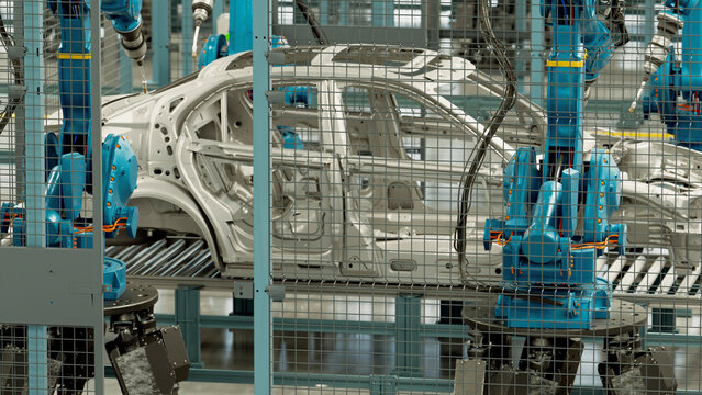 Car body frames on automated assembly line with robotic arms
