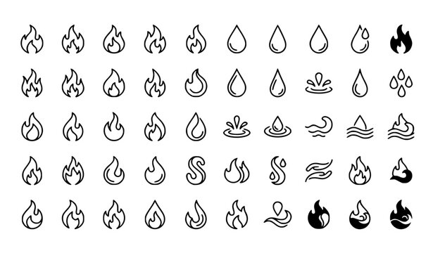 Abstract Flame Fire and Water Drop Editable Line Vector Symbols