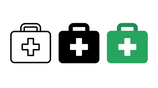 Set of medical kit bag icons in outline solid and green color styles with healthcare