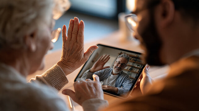European elderly woman and caregiver connecting through a video call on a bright tablet screen over the shoulder composition with faces out of frame hands waving warmly at the