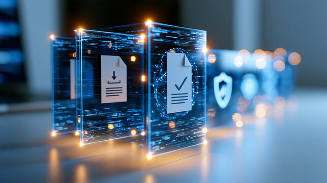Step by step artificial intelligence document processing pipeline displayed as a glowing hologram showing file upload neural network analysis and security verification stages