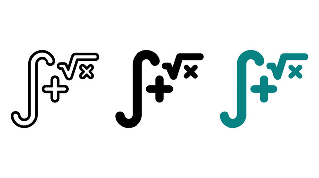 Set of mathematical integration and root icons in outline solid and teal styles