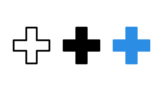 Plus sign symbol icons in outline black and solid blue variations with addition
