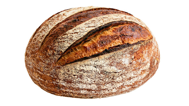 Isolated freshly baked round rustic sourdough bread with a dark crust and flour dusting.