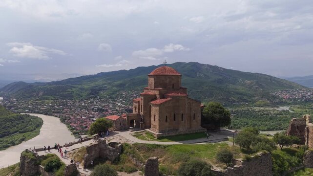 Aerial view of Jvari Monastery in Mtskheta, Georgia.