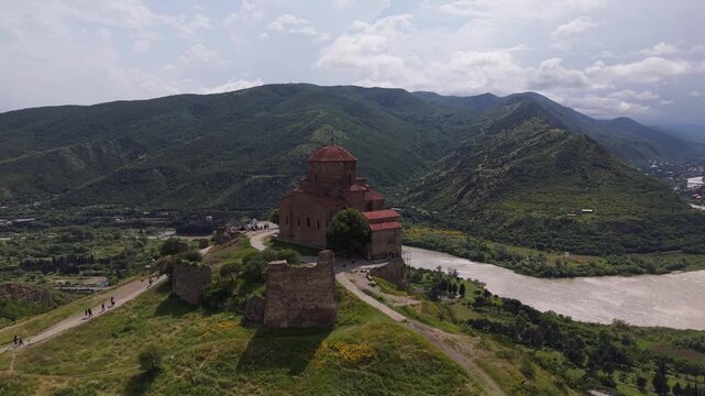 Aerial view of Jvari Monastery in Mtskheta, Georgia.