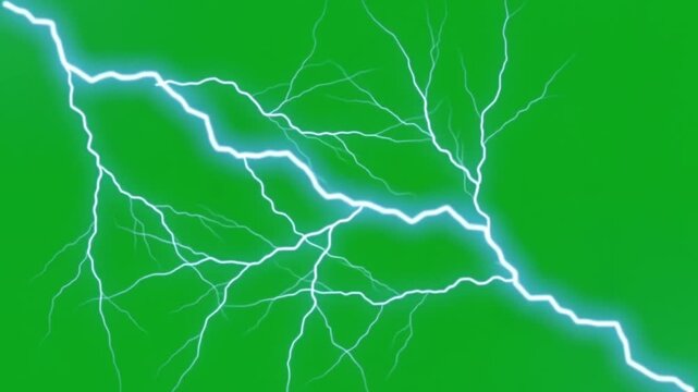 Bright Electric Lightning Bolt with Branching Sparks on Green Screen Background