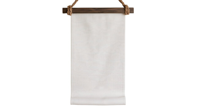 Isolated blank white canvas fabric scroll banner suspended from a wooden rod with rope.