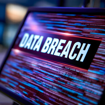 Generic fictional broadcast monitor showing cybersecurity data breach alert headline, bright overhead studio light with subtle screen glare, macro 85mm, copy space, 3d rendering