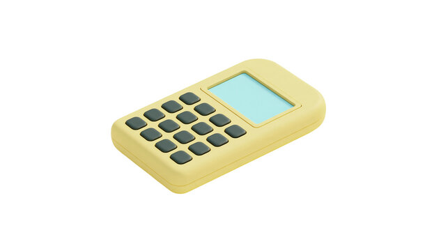Isolated modern yellow minimalist electronic calculator with small screen and dark square buttons