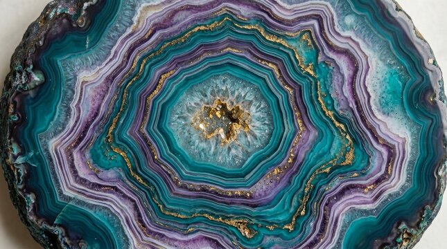 Beautiful geode slice showcasing vivid purple and green designs enhanced by shimmering gold details