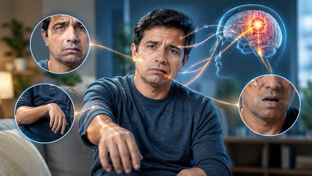Medical Illustration of Stroke Symptoms: Facial Droop, Arm Weakness, and Speech Difficulty with Brain Infographic