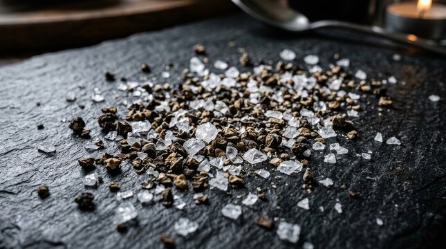Detailed view of sea salt and various spices arranged on a dark slate background perfect for culinary creativity and cooking ideas