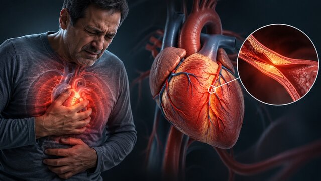 Man Experiencing Heart Attack Symptoms with 3D Heart Anatomy and Clogged Artery Illustration Showing Atherosclerosis
