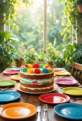 Naklejka premium Celebration and party planning, colorful layer cake with floral frosting on a wooden table with vibrant plates in a sunlit garden room for events